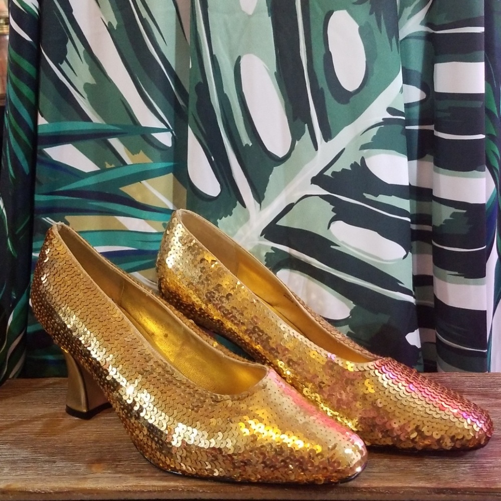 Vintage Golden Sequined Heels Sz. 8